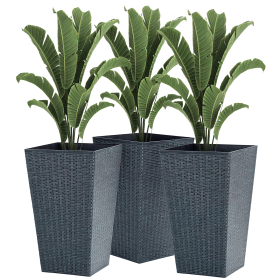 Outsunny Rattan-Style Plastic Planters with Drainage Holes, Set of 3 - 24 Inch Height, Grey