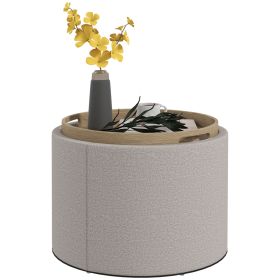 HOMCOM Linen Fabric Round Storage Ottoman Coffee Table with Flip-Top Tray Hidden Storage Space Elegant Footstool Gray