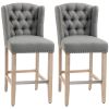 HOMCOM Counter Height Bar Stools Set of 2 27 Inch Nailhead-Trim Tufted Back Wood Legs Gray