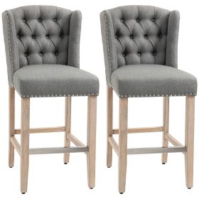 HOMCOM Counter Height Bar Stools Set of 2 27 Inch Nailhead-Trim Tufted Back Wood Legs Gray