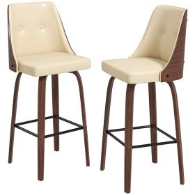 HOMCOM Bar Stools Set of 2 Counter Height Swivel PU Leather Tufted Back Footrest Beige for Kitchen