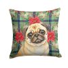 Fawn Pug Christmas PoinsettIas Throw Pillow Decorative Indoor Outdoor Accent Cushion for Couch, Bed or Patio, 14Hx14W