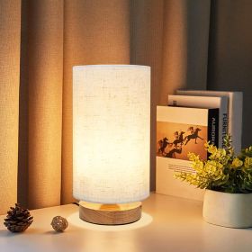 Small Bedside Table Lamp for Bedroom Minimalist Wood Base & Round Fabric Shade