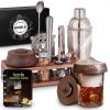 Bartender Kit with Whiskey Smoker 13 pcs Pine Stand  Bar Set with Cocktail Shaker Bartending Kit with Essential Bar Accessory Tools Wood Chips Steel (