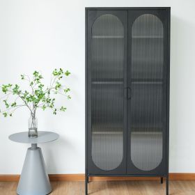 Modern Tall Glass Storage Cabinet with Adjustable Shelves & Doors