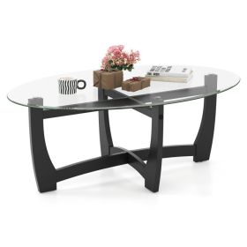 Oval Coffee Table with Tempered Glass Tabletop and Rubber Wood Legs