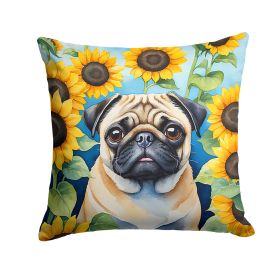 Pug in Sunflowers Throw Pillow Machine Washable, Indoor Outdoor Decorative Pillow for Couch, Bed or Patio, 18Hx18W