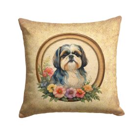 Shih Tzu and Flowers Throw Pillow Machine Washable, Indoor Outdoor Decorative Pillow for Couch, Bed or Patio, 14Hx14W