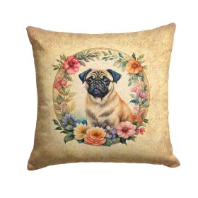 Fawn Pug and Flowers Throw Pillow Machine Washable, Indoor Outdoor Decorative Pillow for Couch, Bed or Patio, 14Hx14W