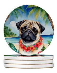 Pug Luau Large Sandstone Coasters Pack of 4 Absorbent Round Coasters Decor Gifts for Men or Women, 4 in, Multicolor