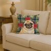 Fawn Pug Christmas PoinsettIas Throw Pillow Decorative Indoor Outdoor Accent Cushion for Couch, Bed or Patio, 14Hx14W
