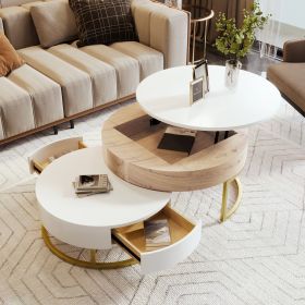 Modern Round Lift-top Nesting Coffee Tables with 2 Drawers (Material: MDF, Color: Oak Natural Wood + Antique White)