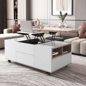 Modern Lift Top Coffee Table Multifunctional Table with Drawers & Shelves (Material: MDF, Color: White+Walnut)