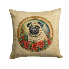 Pug Christmas Flowers Throw Pillow Machine Washable, Indoor Outdoor Decorative Pillow for Couch, Bed or Patio, 14Hx14W (Default: Default)