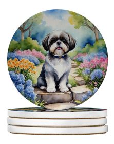 Shih Tzu Spring Path Large Sandstone Coasters Pack of 4 Absorbent Round Coasters Decor Gifts for Men or Women, 4 in, Multicolor (Default: Default)